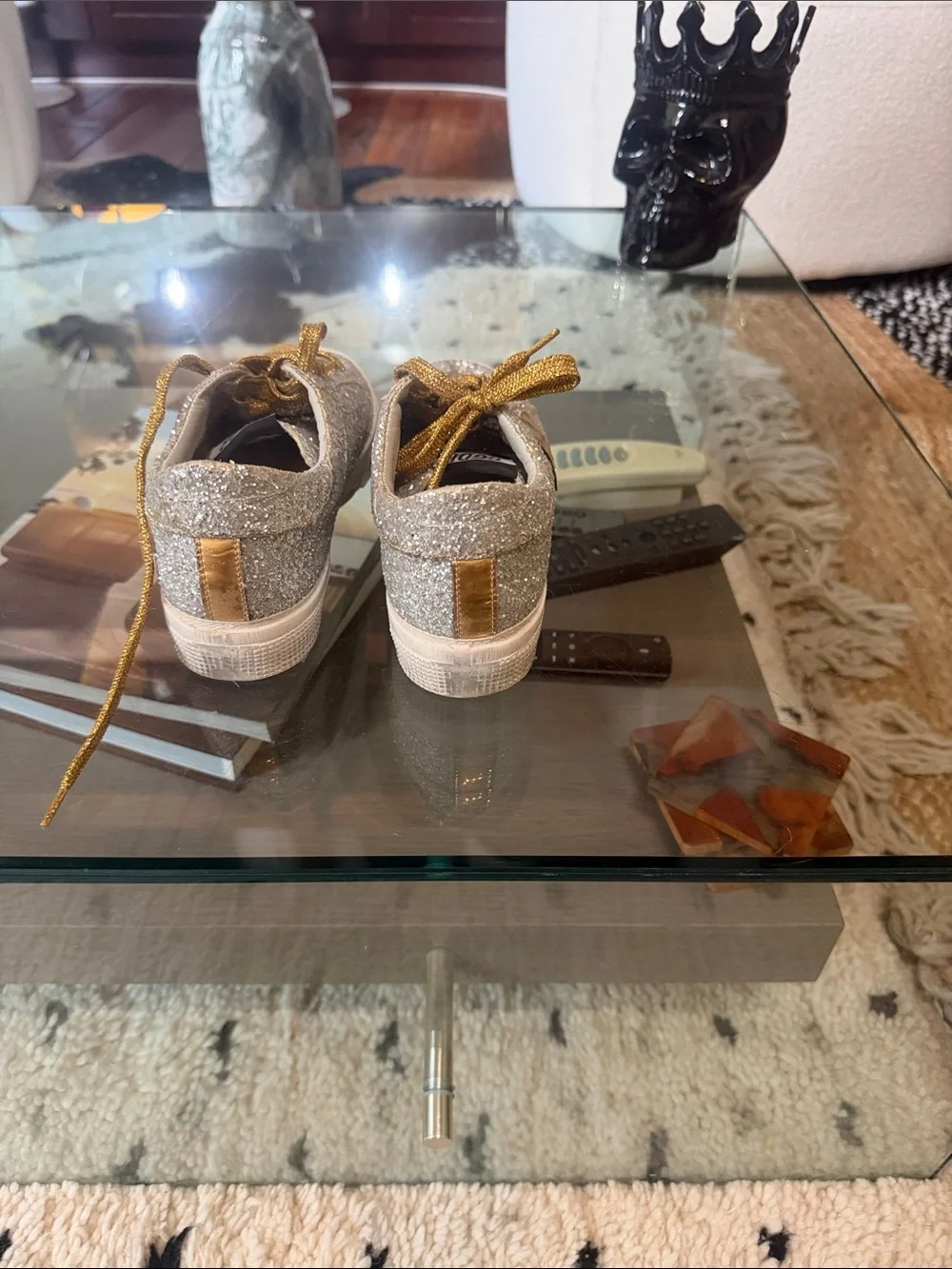 Golden Goose Silver Glitter Distressed Sneakers with Gold Star and Laces